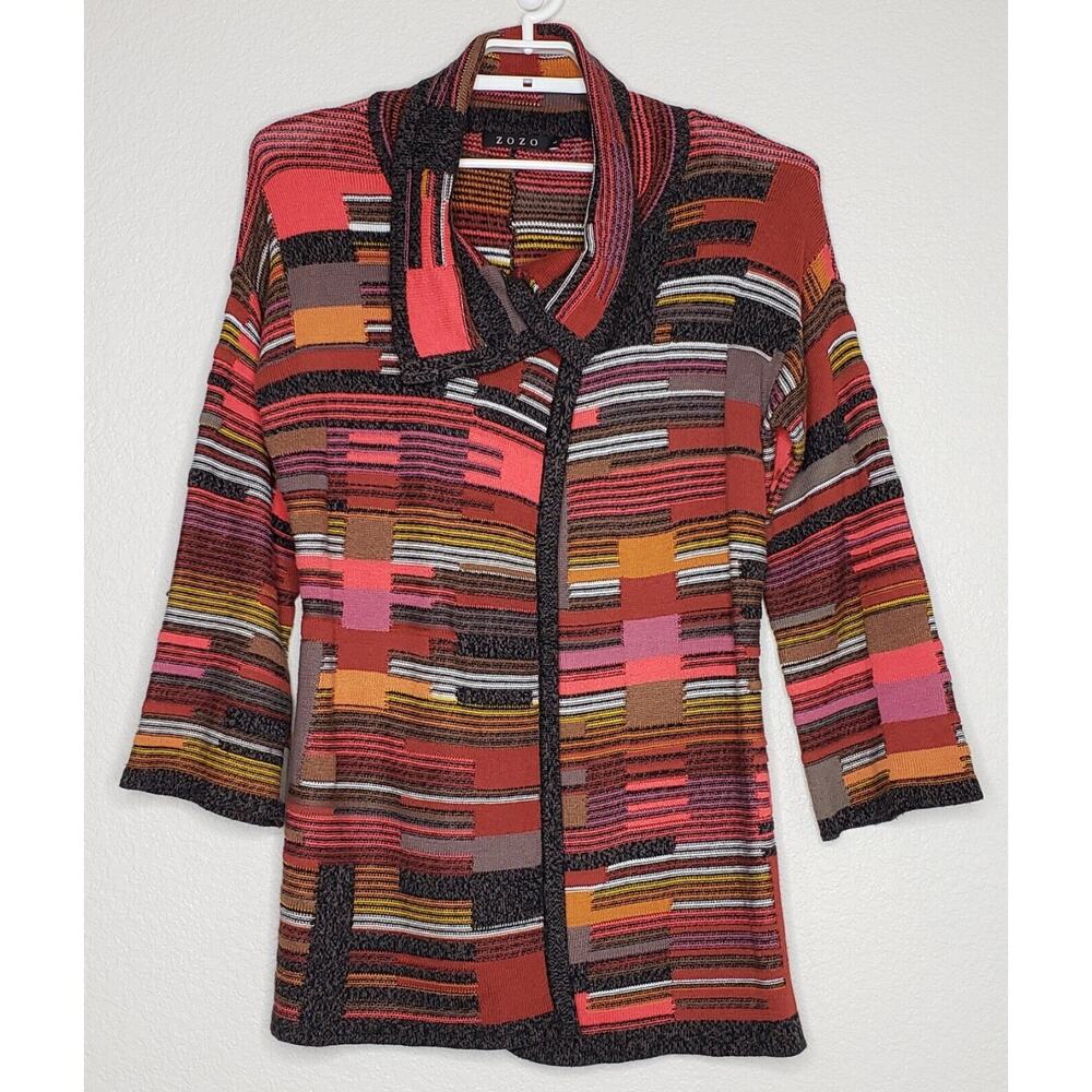 ZOZO Womens‎ Tunic Sweater Cardigan Sz Large Multicolor Stripe One Neck Button